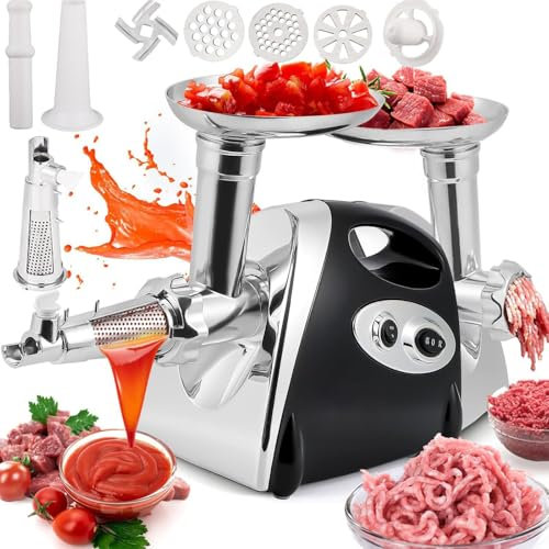 Tritacarne Elettrico passapomodoro, insaccatrice per Salsicce, Macchina per Salsa di Pomodoro, tritacarne con 3 Piastre, insaccatrice per Salsicce e Kit Kubbe per Uso Domestico in Cucina