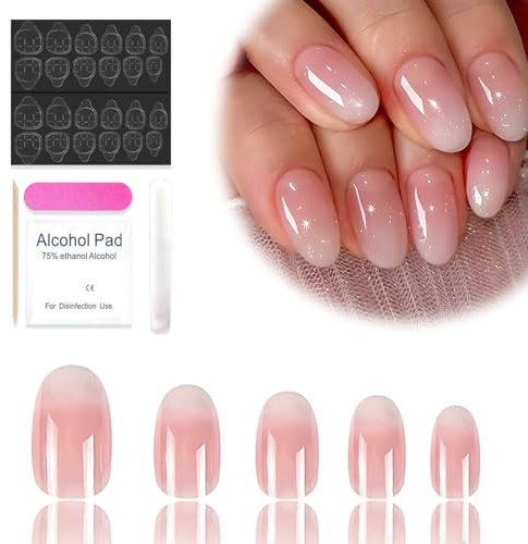 24PCS Short Oval Press On Nails for Women, Pink White Ombre Fake Nails with Natural Look, Cute Almond Style Full Cover Acrylic Nails, Easy to Apply & Remove, Comfortable and Secure Fit