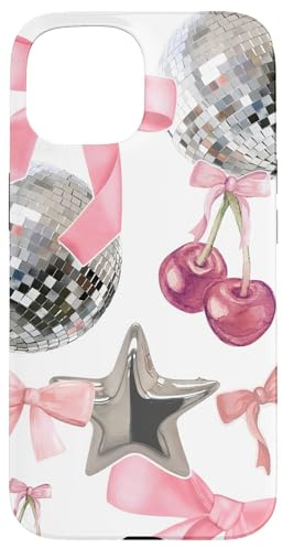 Ästhetische Disco-Kugel- und Stern-Collage mit rosa Schleife Hülle für iPhone 15