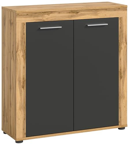 xonox.home Wohnzimmer Jam Highboard Hochkommode Wohnzimmerschrank Hochschrank Anrichte in Front grau Nb. Korpus/Absetzung Wotan Eiche Nb., ca.80x88x35 cm