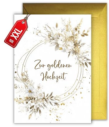 WBdesignz Goldene Hochzeit karte mit Umschlag - Geschenkkarte zum Jahrestag Gold Blumenkranz Glückwunschkarte zum Hochzeitstag Liebe Ehe Ehepaar Jubiläum (XXL DIN A4)