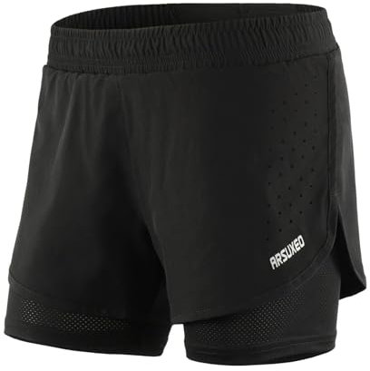 Mesing Short Sport Femme 2 en 1 Pantalon Running Course Court Été Lacets Respirant Short pour Fitness Workout Cyclisme Yoga DKB1005W-Black-XS