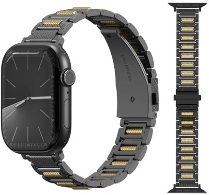 Dilhvy Edelstahl Uhrenarmband Kompatibel mit Apple Watch Armband 46mm 49mm 45mm 44mm 42mm Ersatzarmband Smartwatch Zubehör für Herren iWatch Ultra 2,Series 10/9/8/7/6/5/4/3/2/1/SE,(Schwarz + Gold)