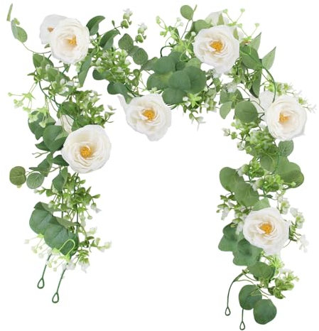 Xbessc 2 Pièces Guirlande Fleurs Artificielles, 1.8m Blanc Camélia d'Eucalyptus Guirlande, Vignes de Fleurs de Pivoine à 8 Têtes, Fausse Plantes Suspendues pour Décor,Fête,Table,Toile,Fond,Mariage