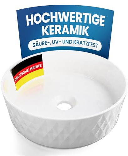 rtmr Aufsatzwaschbecken, Waschbecken rund 36 cm – Keramik Waschschale weiß glänzend – Modernes Design Waschtisch Schüssel für Bad & Gäste-WC – Waschbecken rund ohne Überlauf