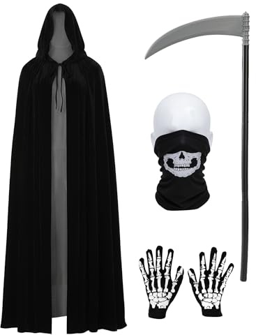 PartAwake Halloween Sensenmann Kostüm Teufel Umhang Totenkopfmaske Handschuhen für Halloween Party Karneval Cosplay
