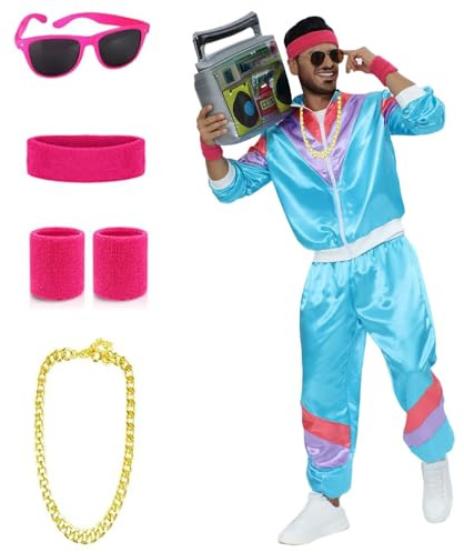 IKIJM 80er Jahre Outfit Herren Damen - Karneval Party Trainingsanzug Jacke Hose Anzug - Bad Taste Paare Kostüme Outfits für Erwachsene (Blau, L)