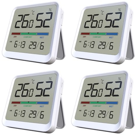 Temtop Hygrometer Thermometer Innen 4er er,Präzises Temperatur Luftfeuchtigkeitsmessgerät mit Datum Uhrzeit Anzeige, ±1°C ±5% RH Genauigkeit,-10°C~50°C / 10%~95% RH Bereich