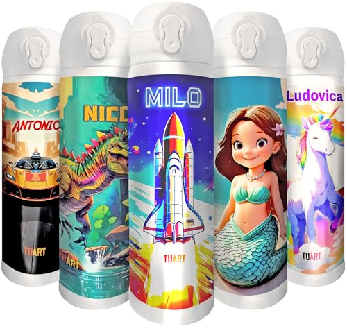 Borraccia termica personalizzata con nome e grafiche per bambini - nuovo formato da 450ml - bottiglia acciaio inox - apertura con una mano - mantiene per ore la temperatura dei liquidi.