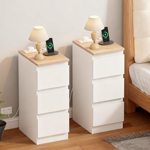 Pantanal Set of 2 Slim Bedside Table 3 Drawers Cabinet Nightstand with Charging Station, 25CM Small Narrow Side Table End Table Wood with 2 USB Ports & Power Sockets for Bedroom Living Room