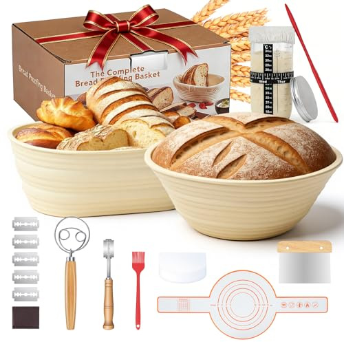 Snorthy Sourdough Starter Kit 19 Pcs Sourdough Starter Set with 2 Silicone Proofing Baskets, Starter Jar, Bread Sling, Danish Whisk, Bread Lame, Bread Making Accessories for Baking Lover and Beginners