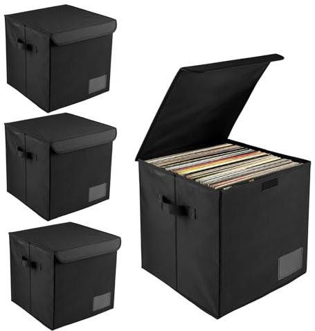 JUNFEIFLUX 4er Set Vinyl Aufbewahrungsbox Schwarz 33x33x33cm | Faltbare Schallplatten Box aus Oxford-Gewebe mit Deckel & Griffen. Aufbewahrung für 12-Zoll LPs, Alben und Spielzeug.