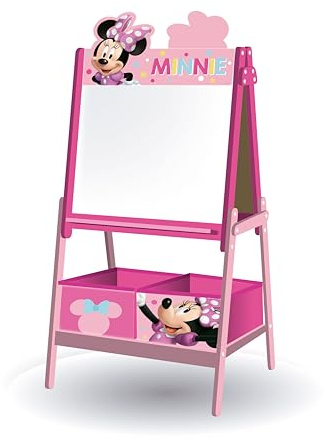 ARDITEX - Pizarra infantil de Disney Minnie Mouse con doble superficie para uso de tiza y rotulador y 2 contenedores textiles para almacenaje - 54x45x117cm - Contenedores de 24x30x15cm - Color rosa