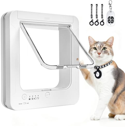 Smart Cat Door with 4 Collar Sensor Key, RFID Cat Door Collar Activated with Remote Control, 4 Way Locking Cat Flap Automatic Pet Door Interior & Exterior(White)