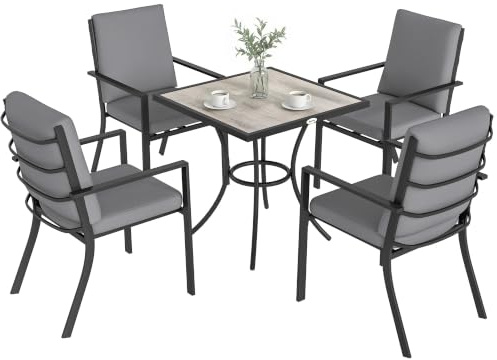 Outsunny 5 Pieces Outdoor Dining Set with Cushions for 4 Grey Wood Effect | Square Table, Stackable Chairs, Garden Dining Set, Garden Table and 4 Chairs, Patio, Porch