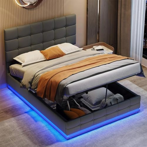 4ft6 Double Ottoman Bed with LED Lights, Grey, Storage, Adjustable Headboard, PU Leather, 193x142x111 cm, Smart Illuminated Frame Bedroom Modern Furniture
