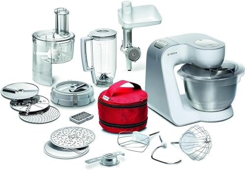 Bosch Küchenmaschine Serie 4 MUM54270DE, Edelstahlschüssel 3,9 L, Mixer 1,25 L, Würfelschneider, Fleischwolf, Planetenrührwerk, Knethaken, Schlag-, Rührbesen, 7 Stufen, 900 W, Weiß/Silber