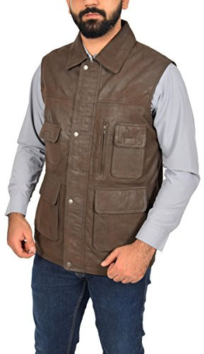 House of Leather Herren Echtes Leder Weste Gilet Mehr Taschen Weste Angeln Wandern Lässige Roger Braun (XXL - EU 54)