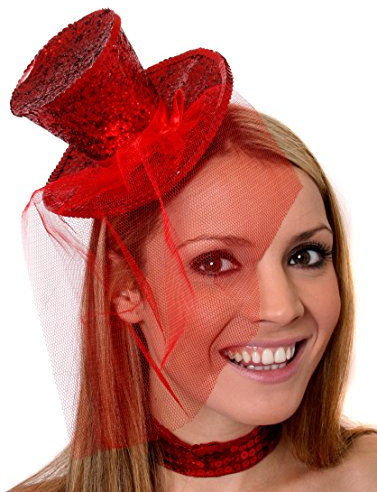 I LOVE FANCY DRESS Mini Glitter Zylinder Hut =MIT Netz AN EINEM HAARREIF= ERHALTBAR IN 8 SUPER GLITZERNDEN Farben = ZUBEHÖR Fasching Karneval Party = ROT