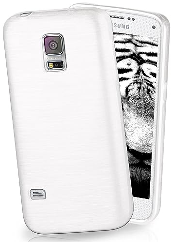 moex Stylische Brushed Aluminium-Optik & starker Grip | Ultra dünne Silikonhülle passend für Samsung Galaxy S5 Mini in Weiß