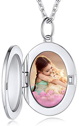 Custom4U Ovale Gravierbare Foto Anhänger Halskette mit Fotobox-Anhänger S925 Silber Foto Medaillon zum Öffnen mit Bildgravur mit Wunsch/Namen/Text Gravur in Weißgold mit 41cm Kette für Damen Frauen