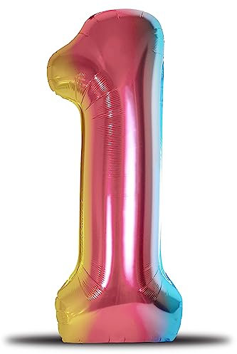 envami® Luftballon Geburtstag XXL Regenbogen Rainbow - Riesen Folienballon in 40 - 101cm Geburtstagsdeko - Ballon Zahl Deko zum Geburtstag - fliegt mit Helium (Zahl 1)