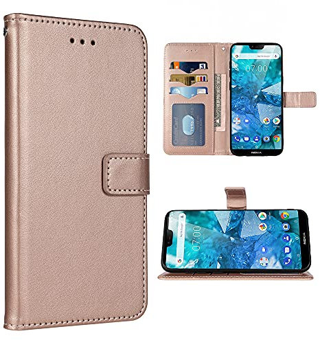 FDCWTSH Kompatibel mit Nokia 7.1 Wallet Case Wrist Strap Lanyard Leder Flip Cover Kartenhalter Stand Handyzubehör Folio Handyhüllen für Nokia7.1 TA-1085 Damen Herren Roségold