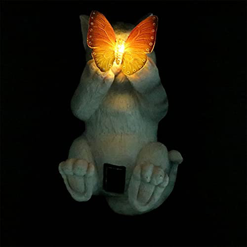 SOLUSTRE Dekofigur Solarleuchte Katze Figur Grau Kunstharz Katze mit Schmetterling Solar Gartenlampe Garten Ornament mit Beleuchtung Rasen Terrasse Landschaft Lampe Party Dekoration