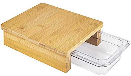 ONVAYA® Schneidebrett aus Bambus mit einer Auffangschale | Küchenbrett aus Holz | mit spülmaschinenfestem Behälter aus Kunststoff | Holzbrett für die Küche