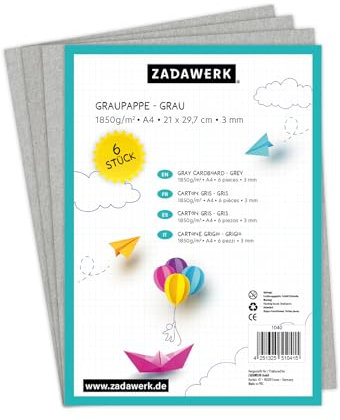 ZADAWERK® Graupappe - 3 mm - 1850 g/m² - DIN A4 - Buchbinderpappe grey - 6 Stück extra stark – Bastelkarton - Modellbaupappe - Einlegekarton - Archivpappe - Rückwandkarton