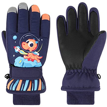 QKURT Skihandschuhe für Kinder, Warme Winter-Schneehandschuhe für Kinder wasserdichte Dicke Kinderhandschuhe Fäustlinge mit Dinosauriermuster für Jungen und Mädchen