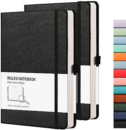 RETTACY Notebook A5 Lined Hardback 2 Pack - Thick Journal with 376 Numbered Paper,2 Free Sticky Notes Divider,100gsm Paper,8 Perforated Sheets, Pen Loop, Inner Pocket, 14.5 x 21cm (Black Black)