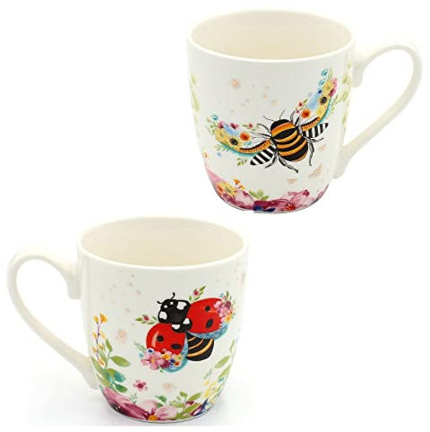 Dekohelden24 2er Set Kaffeebecher Kaffeetasse aus Porzellan - Motiv: Biene und Marienkäfer - Größe H/Ø: 10 x 9 cm, Fassungsvermögen 400ml, spülmaschinengeeignet