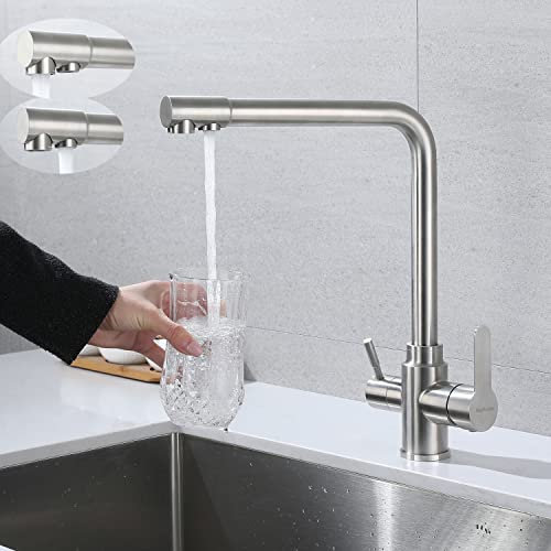 SkyPanda 3 Wege Küchenarmatur, Trinkwasser Wasserhahn mit Doppelhebel, Durchdringung 3-in-1, 360° drehbarer Mischer, mit 2-Auslässen, Edelstahl SUS304, Nickel Gebürstet