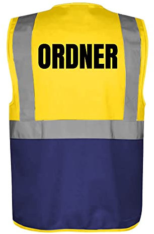 Fassbender-Druck WARNWESTEN - Sicherheitsweste GELB/NAVY mit Taschen und Reißverschluss nach EN ISO 20471 zertifiziert - Warn Weste für Ordner - Unisex mit hochwertigem Reflektorstreifen