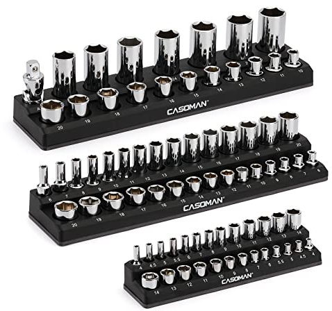 CASOMAN 3PCS Magnetic Socket Organizer, Socket Holder Kit, 1/2-inch, 3/8-inch, 1/4-inch Drive, Holds 75 Metric Sockets, Black Color, Professional Quality Tools Organizer