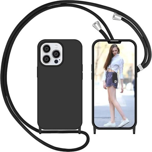 Nupcknn für iPhone 15 Pro Hülle mit Band, Liquid Silicone Handykette Handyhülle (Abnehmbar Einstellbar) Necklace mit Kordel zum Umhängen Handy Kette Kratzfestes Stossfest Schutzhülle(1.6M,Schwarz)