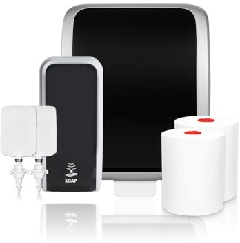 Blanc HYGIENIC Cosmos Waschraum-Set Silber-Schwarz, Autocut + Sensor-Seife | Autocut-Handtuchspender + Sensor-Seifenspender Silber-Schwarz, 200 m TAD-Papier + 2 L Schaumseife, bis zu 5.000 Anwendungen