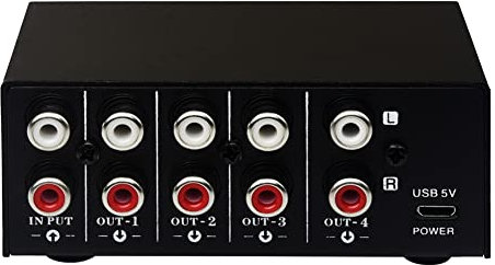 Micvtve 1 in 4 Out Stereo Signal Source Splitter Audio Frequency Signal Distribute Device Non Consumption Output Interface