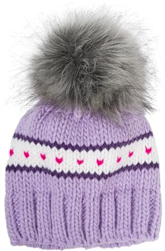 styleBREAKER Kinder Strick Bommelmütze mit Herzmuster und Thermo Fleece Futter, Winter Fellbommel Mütze, 3-5 Jahre 04024209, Farbe:Flieder
