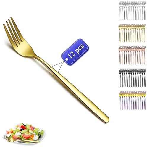 Kyraton Tenedor de oro 12 piezas, tenedores de acero inoxidable de 18,3 cm chapado en oro de titanio platería de boda, tenedores de oro juego de 12