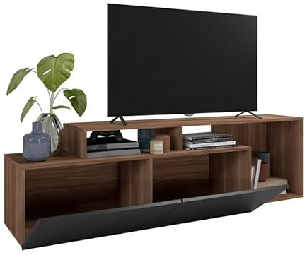 ACTUAL DIFFUSION Meuble TV 50 Pouces 2 Abattants Noir et Chêne foncé L 164 H 46.5 P 37.5 cm