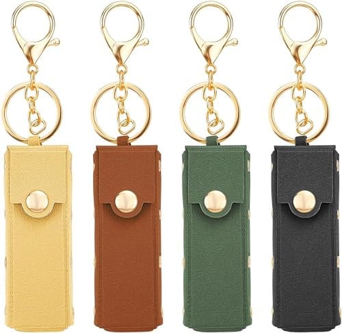 4 Pcs Lipstick Holder Keychain PU Leather Chapstick Case Keychain Lip Balm Organizer Holder Lip Gloss Keychain Holder Portable Sleeve Lipstick Travel Storage Case for Women (Green+Brown+Black+Yellow)