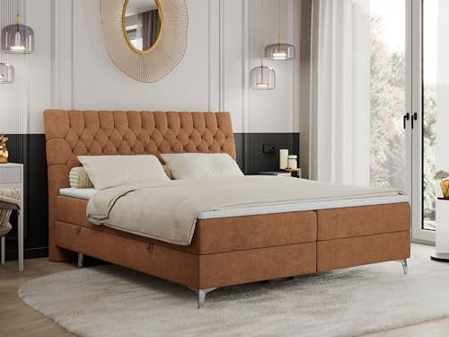 MKS MEBLE Boxspringbett 120x200 mit 2 Bettkästen Matratze und Topper, Polsterbett 120x200, Bett 120x200 - Milen - 120x200cm - H3 Orange Struktur