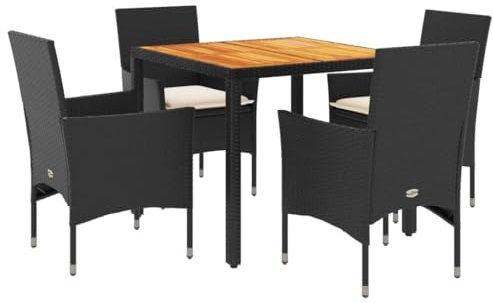 vidaXL Garten Essgruppe 5-TLG., Gartenmöbel Set mit Kissen, Gartengarnitur Tisch 4 Stühle, Lounge Sitzgruppe Sitzgarnitur, Schwarz Poly Rattan Akazie