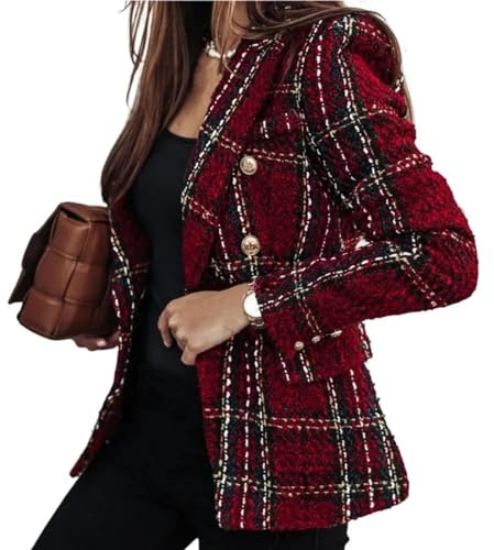 FULUJIDI Sakkos Anzüge Damen Blazer Plaid Print Revers Langarm Dicke Zweireihige Strickjacke Formal Business Mantel XL Rot