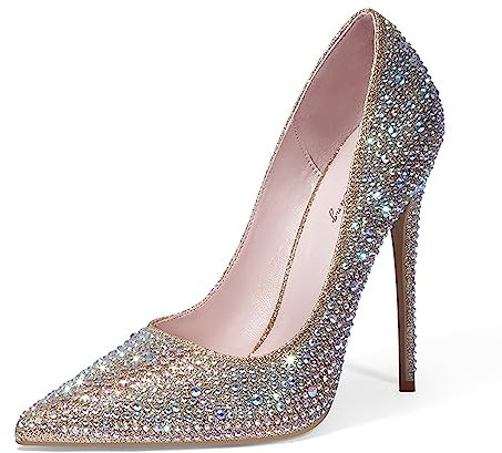 Zhabtuc Damen Kristallverzierte Stiletto-Absätze - 12 cm Hoher Absatz Spitz zulaufende Pumps - Elegante Abendpartyschuhe, Goldener Strass, 37 EU