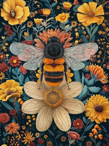 Bimkole 5D Diamond Painting DIY Kits Abeille, Fleur Broderie Diamant Kits De Broderie Au Point De Croix Strass Rond Résine Peinture Décor à La Maison 30x40cm