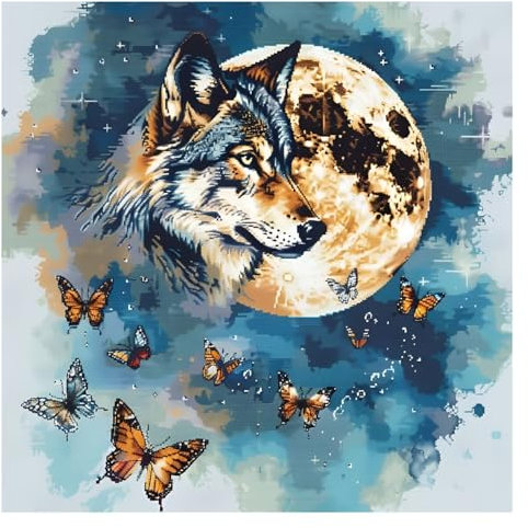 Xinpinzhou Kreuzstich Set Vorgedruckt Wolf, Stickvorlagen Stickbilder Vorgedruckt Kreuzstich Stickpackungen Stickpackung Cross Stitch Embroidery Kit Tiere Stickset Sticken Set Erwachsene Anfänger