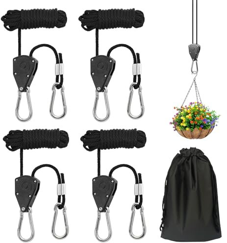 4 ganci per cricchetto, con gancio, 2,4 m, regolabili, con borsa per riporre la corda impermeabile, cricchetto regolabile per ventilatore e piante da appartamento